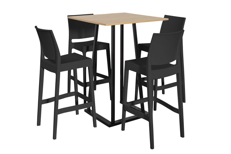 Anwendungsbeispiel: 4 Barhocker Industiral Schwarz mit Stehtisch Industrial 80 holzoptik