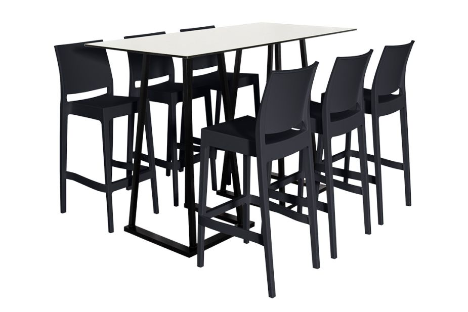 Anwendungsbeispiel: Stehtisch Industrial 160 weiss mit 6 Barhocker Industiral Schwarz