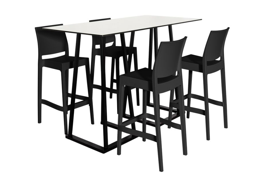 Anwendungsbeispiel: Stehtisch Industrial 160 weiss mit 4 Barhocker Industiral Schwarz