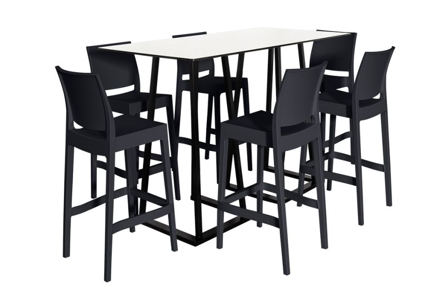 Anwendungsbeispiel: Stehtisch Industrial 160 weiss mit 6 Barhocker Industiral Schwarz