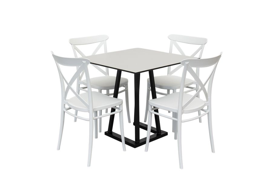 Anwendungsbeispiel: 4 Sessel Crossback weiß mit Tisch Industrial 80 weiß