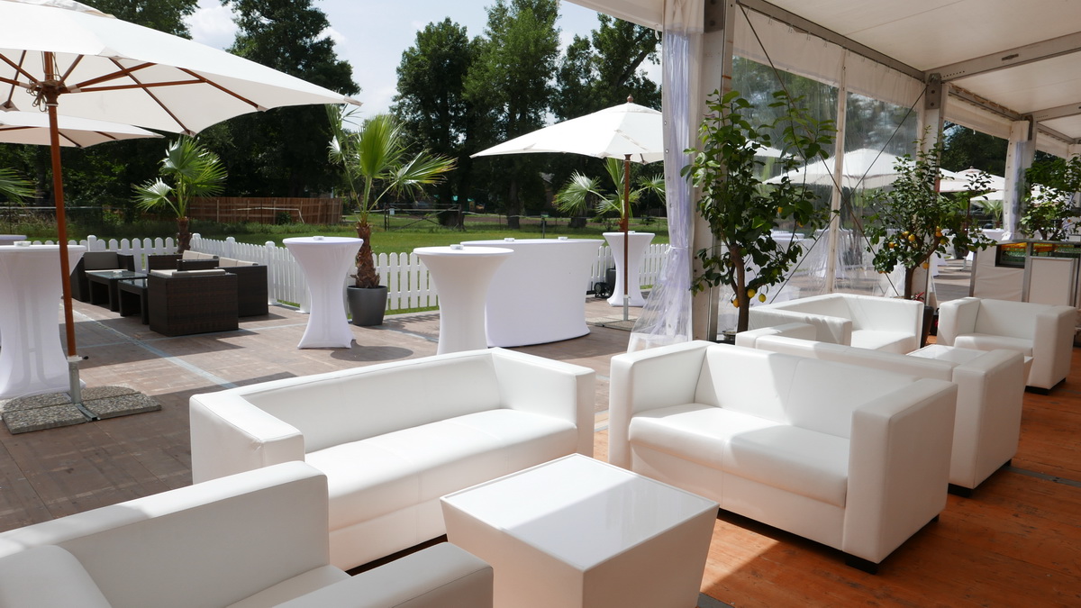 Terrasse mit Lounge und Palmen