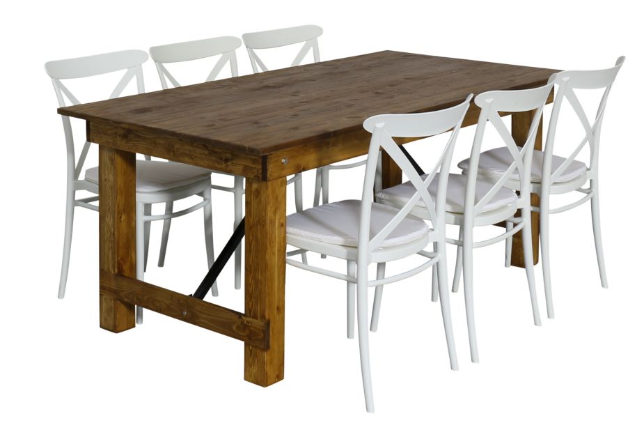 Platzsparender Tisch Industrial 180x90cm in Echtholz am Bild mit den Crossbackstühlen in weiß (separat bestellen)