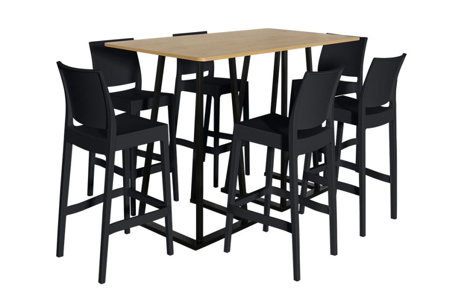 Anwendungsbeispiel: Stehtisch Industrial 160 holzoptik mit 6 Barhocker Industiral Schwarz