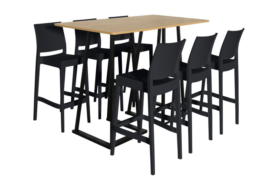Anwendungsbeispiel: Stehtisch Industrial 160 holzoptik mit 6 Barhocker Industiral Schwarz