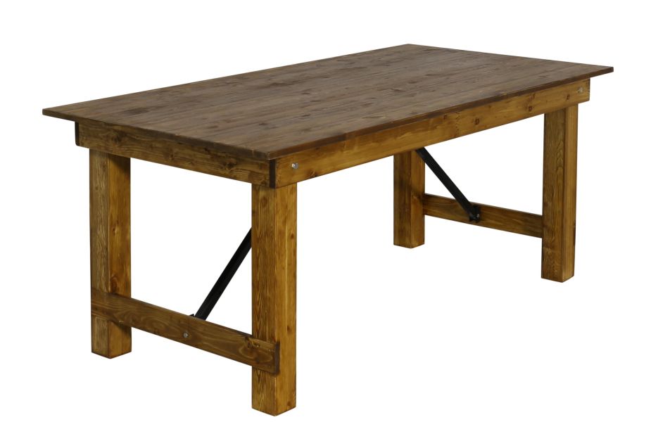 Platzsparender Tisch Industrial 180x90cm in Echtholz am Bild mit den Crossbackstühlen aus Holz mit Sitzpolster (separat bestellen)